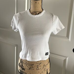 Vans White Ribbed Cropped Short Sleeved Top. L